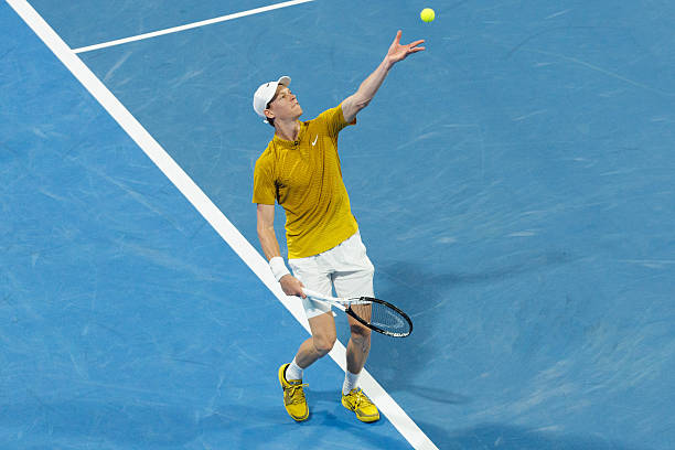 Doha, Qatar Jannik Sinner of Italy serves against Jakub Mensik of the Czech Republic during their men's singles quarterfinal match at the Qatar...