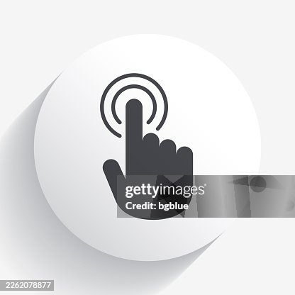 Hand touch - click. Icon on circle button with long shadow Hand touch - click. Icon on circle button with long shadow