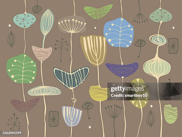 retro mid-century styled floral pattern - fancy spring house stock illustrations