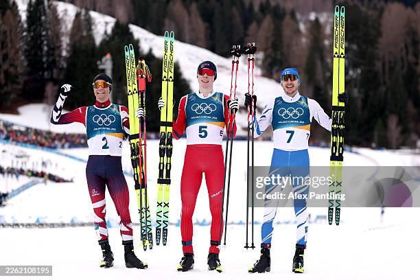 Gold medalist Jens Luraas Oftebro of Team Norway, Silver medalist Johannes Lamparter of Team Austria and Bronze medalist Ilkka Herola of Team Finland...