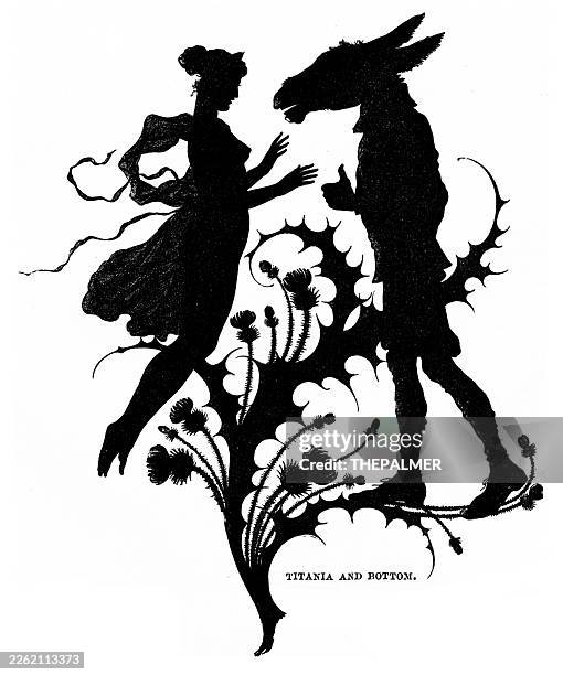 titania and bottom – antique silhouette illustration from payne’s universum 1844 - bookplate stock illustrations