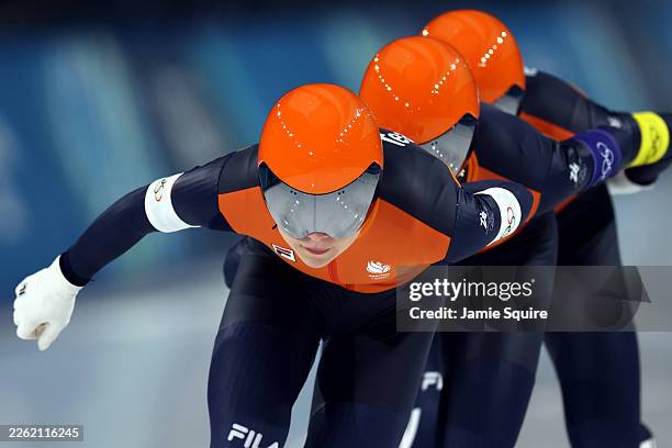 Joy Beune of Team Netherlands competes in the semi-final of the Speed Skating Women's Team Pursuit on day eleven of the Milano Cortina 2026 Winter...