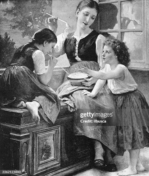 19th century painting: elizabeth gardner, soap bubbles - woman blowing soap bubbles stock illustrations
