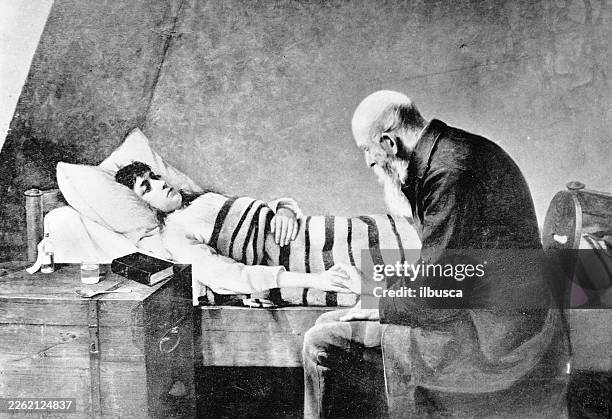 ilustraciones, imágenes clip art, dibujos animados e iconos de stock de pintura del siglo xix: h lessing, la cama de enfermo - siglo xix