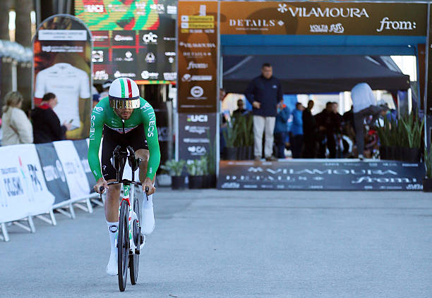 Grenadiers Italian cyclist Filippo Ganna competes in the stage 3 of the Algarve Tour, a time trial run in Vilamoura on February 20, 2026.