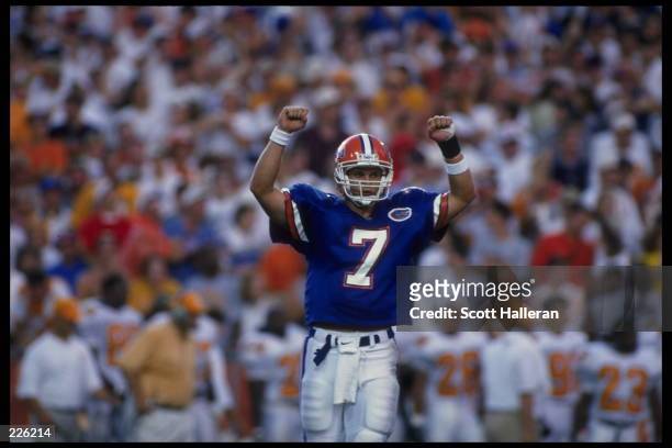 Quarterback Danny Wuerffel of the University of Florida celebrates during the Gators 62-37 win over the University of Tennessee at Florida Field in...