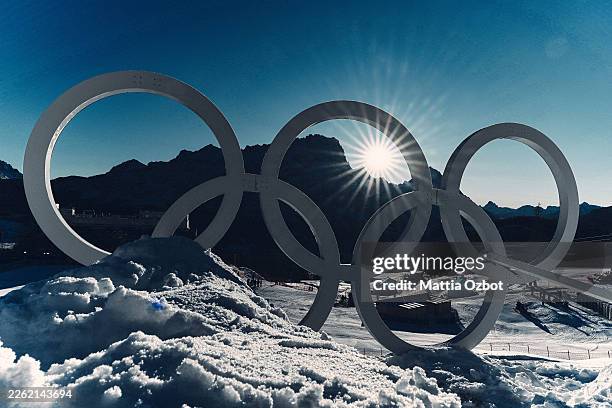 General view of the Olympic rings on the course prior to the start of the Women's Downhill on day two of the Milano Cortina 2026 Winter Olympics at...