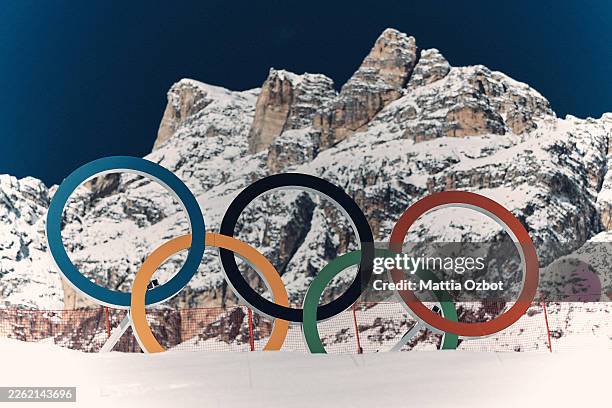 General view of the Olympic rings on the course prior to the start of the Women's Downhill on day two of the Milano Cortina 2026 Winter Olympics at...