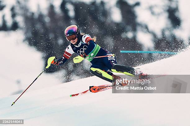 Mikaela Shiffrin of Team United States skis in the Slalom during the Women's Team Combined on day four of the Milano Cortina 2026 Winter Olympics at...