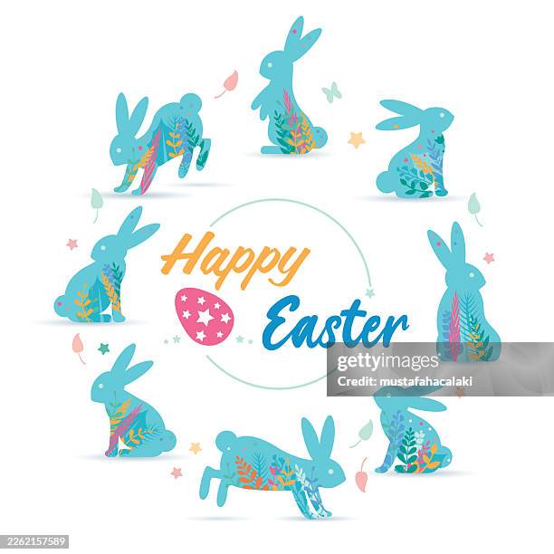 colourful easter bunnies with happy easter text. - chocolate easter egg isolated stock illustrations