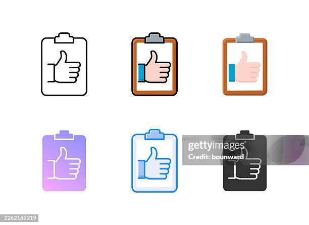 clipboard with thumbs up like button icon. 6 different styles. editable stroke. vector illustration. - receiving certificate stock illustrations