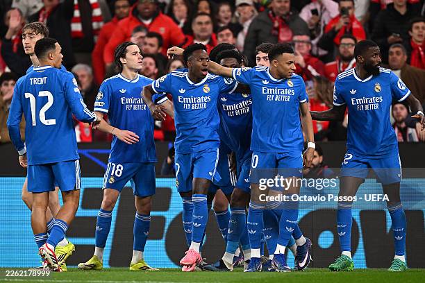 Vinicius Junior of Real Madrid celebrates scoring his team's first goal with teammates during the UEFA Champions League 2025/26 League Knockout...