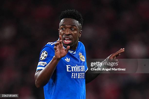 Vinicius Junior of Real Madrid reacts during the UEFA Champions League 2025/26 League Knockout Play-off First Leg match between SL Benfica and Real...