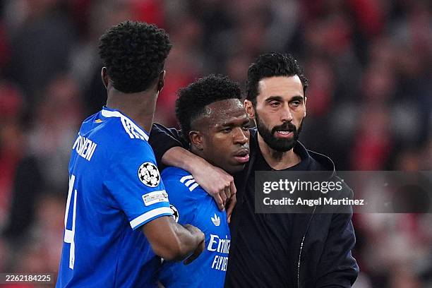 Vinicius Junior reacts with Alvaro Arbeloa, Head Coach of Real Madrid, during the UEFA Champions League 2025/26 League Knockout Play-off First Leg...