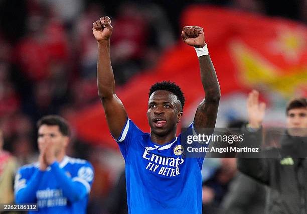Vinicius Junior of Real Madrid celebrates after the team's victory during the UEFA Champions League 2025/26 League Knockout Play-off First Leg match...
