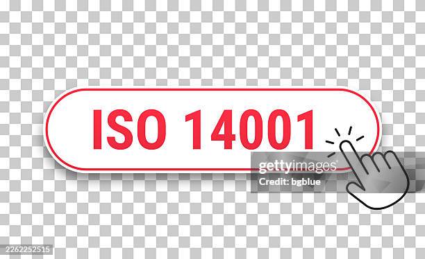 iso 14001 - 3d click web button with hand cursor on blank background - iso badge stock illustrations