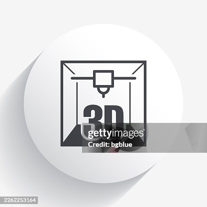 3D printer. Icon on circle button with long shadow 3D printer. Icon on circle button with long shadow