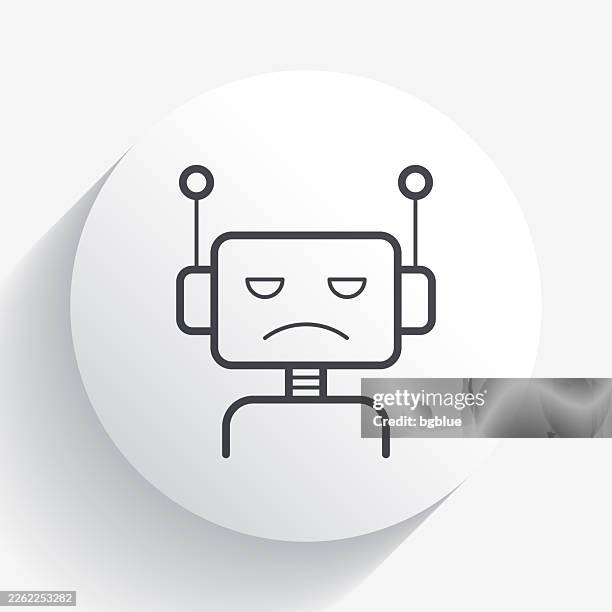 sad bot - robot head. icon on circle button with long shadow - light circle face stock illustrations