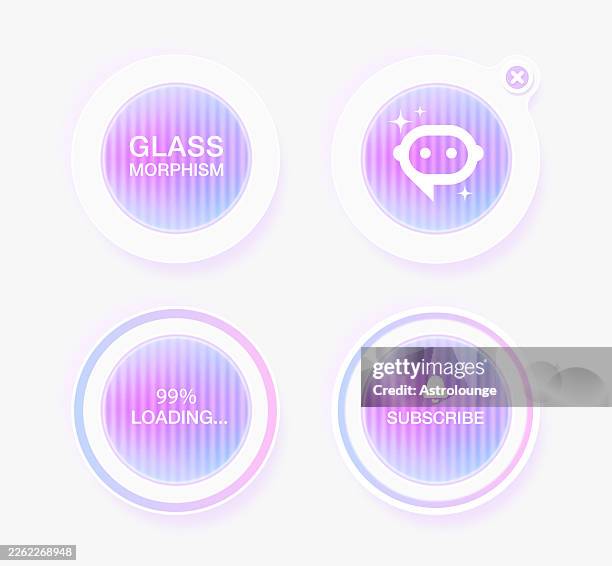 vector ui elements, round, glass material and white neumorphic style design elements, glassmorphism style ui elements. - subscribe button stock illustrations
