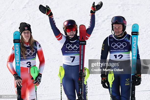 Gold medalist Mikaela Shiffrin of Team United States, Silver medalist Camille Rast of Team Switzerland and Bronze medalist Anna Swenn Larsson of Team...