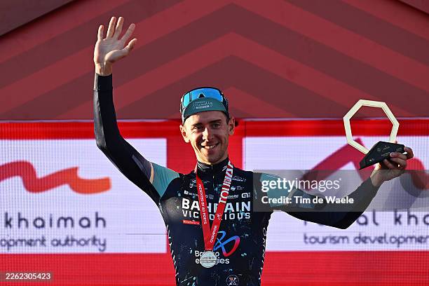 Antonio Tiberi of Italy and Team Bahrain - Victorious celebrates at podium as stage winner during the 8th UAE Tour 2026, Stage 3 a 183km stage from...