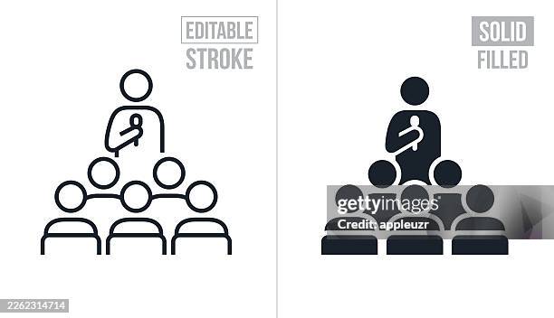 presenter with microphone giving a presentation at a business seminar - editable stroke and solid icons - clergy stock illustrations