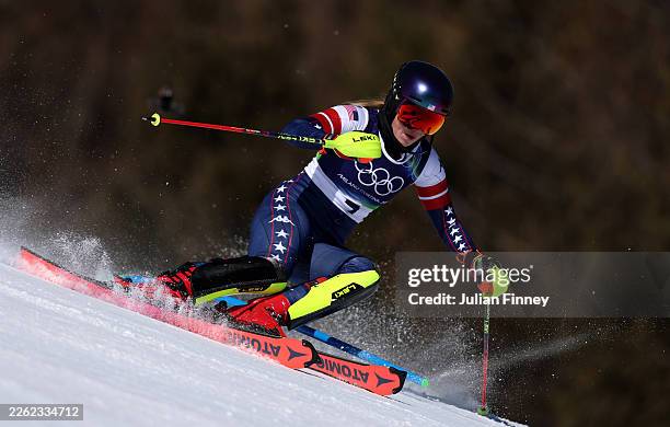 Gold medalist Mikaela Shiffrin of Team United States competes in the first run of the Women's Slalom Run on day twelve of the Milano Cortina 2026...