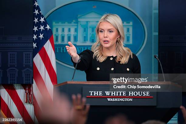 White House Press Secretary Karoline Leavitt speaks during a news briefing in the James S. Brady Press Briefing Room of the White House on February...