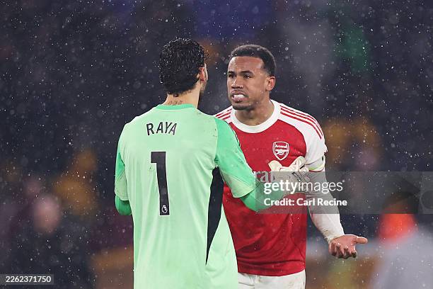 David Raya and Gabriel of Arsenal clash after Tom Edozie of Wolverhampton Wanderers scores his team's second goal during the Premier League match...