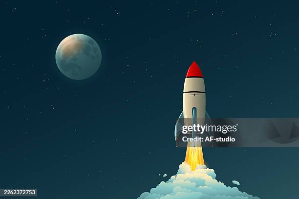 rocket launching into space at night - ship launch stock illustrations