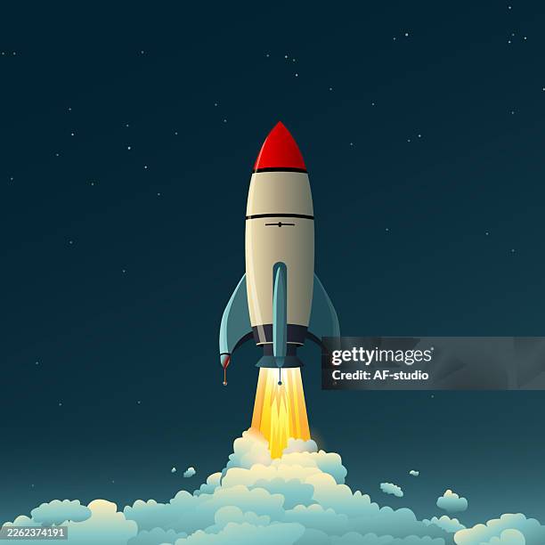 ilustraciones, imágenes clip art, dibujos animados e iconos de stock de ilustración de concepto retro de lanzamiento de cohetes - botadura del buque