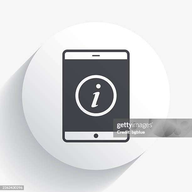 tablet pc with information sign. icon on circle button with long shadow - interactive kiosk stock illustrations