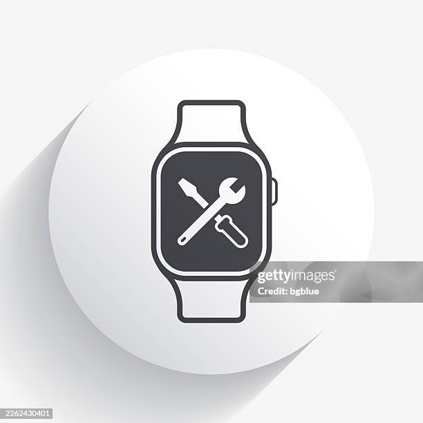 smartwatch settings - tools. icon on circle button with long shadow - 3d spanner stock illustrations