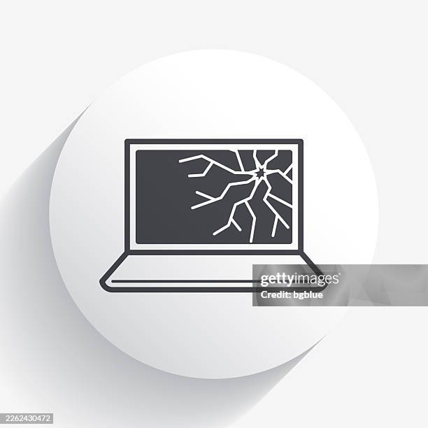 laptop with broken screen. icon on circle button with long shadow - broken computer stock illustrations