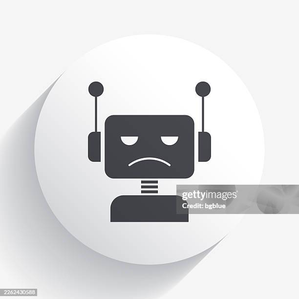 sad bot - robot head. icon on circle button with long shadow - chat bot white background stock illustrations
