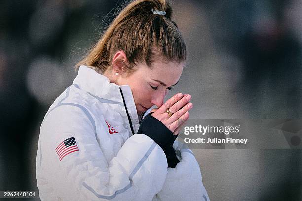 Gold medalist Mikaela Shiffrin of Team United States celebrates her win following the Women's Slalom Run on day twelve of the Milano Cortina 2026...