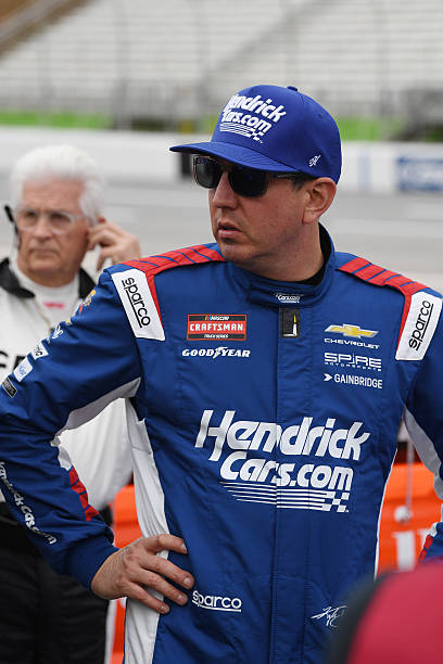 Kyle Busch looks on prior to the running of the NASCAR Craftsman Truck Series FR8 Racing 208 on February 21 at EchoPark Speedway in Hampton, GA.