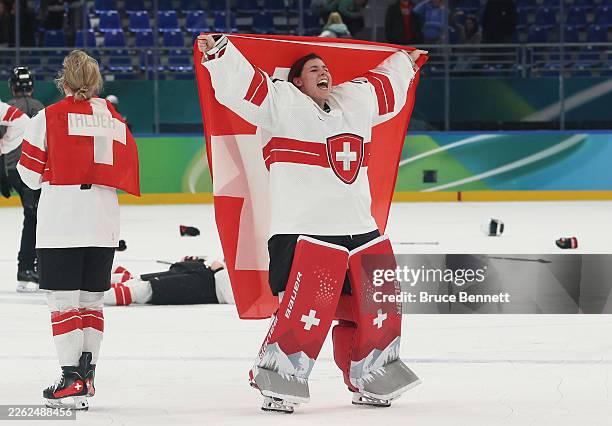 Andrea Braendli of Team Switzerland celebrates winning the bronze medal after the team's 2-1 overtime victory in the Women's Bronze Medal match...