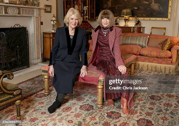 Queen Camilla with Dame Anna Wintour at St James's Palace on February 19, 2026 in London, England.