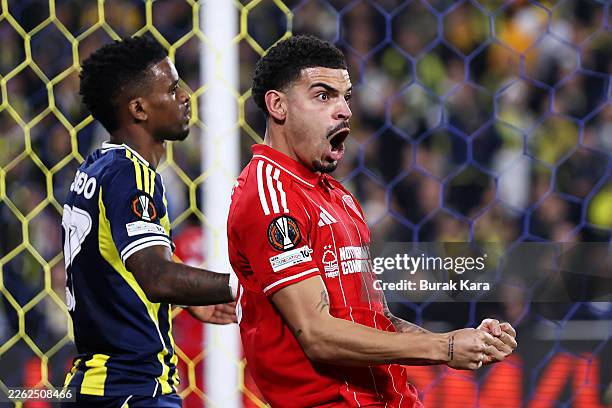 Morgan Gibbs-White of Nottingham Forest celebrates his team's second goal scored by teammate Igor Jesus during the UEFA Europa League 2025/26...