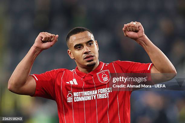 Murillo of Nottingham Forest celebrates victory following the UEFA Europa League 2025/26 Knockout Play-off First Leg match between Fenerbahce SK and...