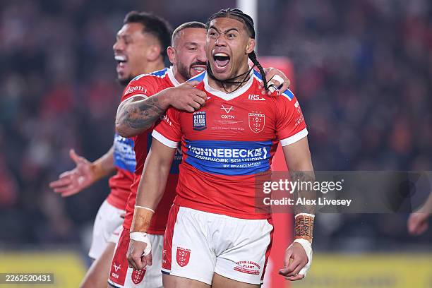 Tom Amone of Hull KR celebrates after scoring their first try during the World Club Challenge match between Hull KR and Brisbane Broncosat at MKM...