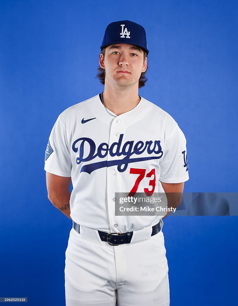 Doge Riz Adam Serwinowski of the Los Angeles Dodgers poses for a photo during ...