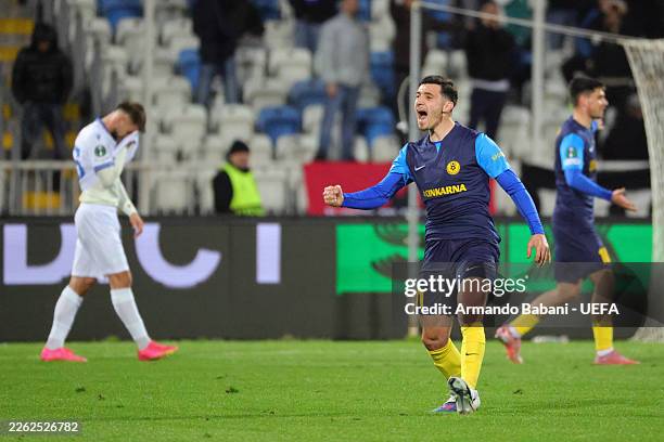 Milot Avdyli of NK Celje celebrates scoring his team's second goal during the UEFA Conference League 2025/26 Knockout Play-off First Leg match...