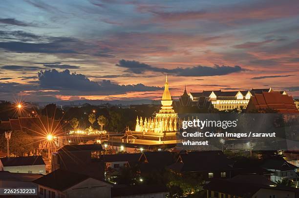an aerial view of that luang, vientiane, laos - vientiane stock pictures, royalty-free photos & images