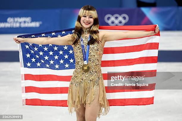 Gold medalist Alysa Liu of Team United States poses for a photo during the medal ceremony for the Women's Single Skating on day thirteen of the...