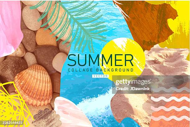 summer collage style abstract background with water, sand and rock textures for creative collage style image montage layer designs with placement text - paper sea shell stock illustrations