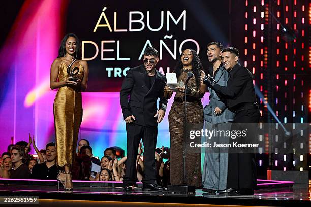 Genesis Davila, Goyo, Juan Duque and Aron Luix onstage during Univision's 38th Premio Lo Nuestro at Kaseya Center on February 19, 2026 in Miami,...