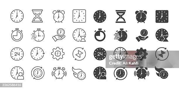 time icons collection. editable stroke. thin line and glyph solid style series icons - clock hand stock illustrations