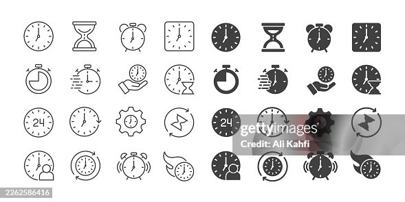 Time icons collection. Editable stroke. Thin line and glyph solid style series icons Time icons collection. Editable stroke. Thin line and glyph solid style series icons